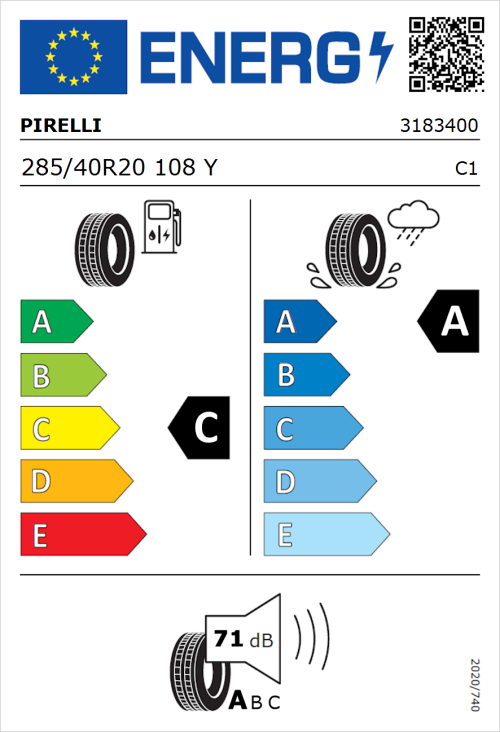 Tyre Label for Pirelli P Zero (PZ4) Sport Car 285/40R20 108Y