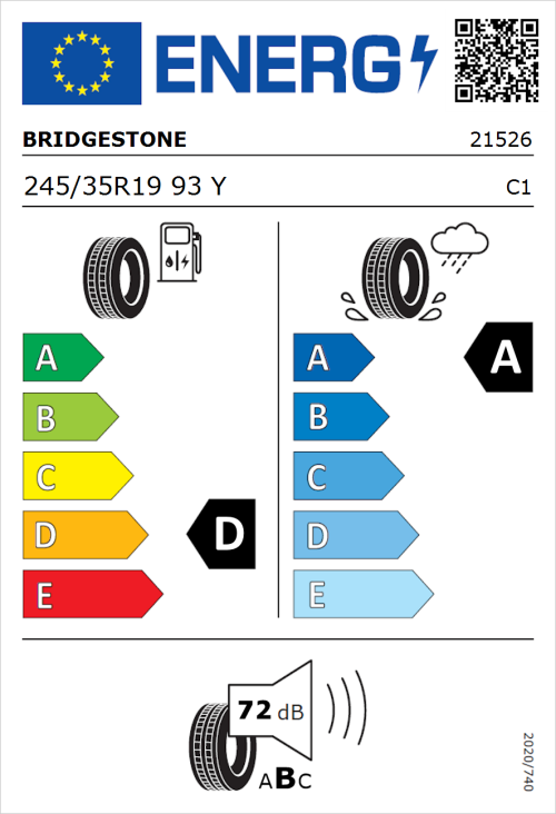 Tyre Label for Bridgestone Potenza Sport 245/35R19 93Y