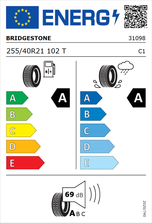 Tyre Label for Bridgestone Turanza 6 255/40R21 102T