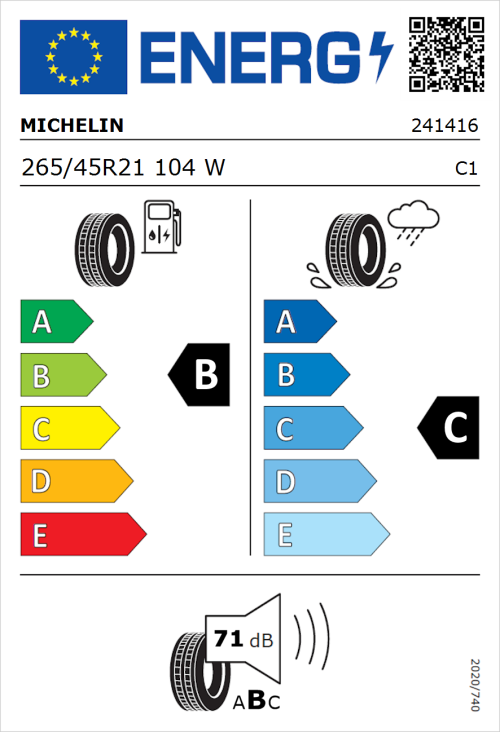 Tyre Label for Michelin Latitude Tour HP 265/45R21 104W